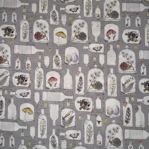 Nature Apothecary Jars with Feather, Flower, Mushroom on Gray - 2/3 Yard - Picture 1 of 8